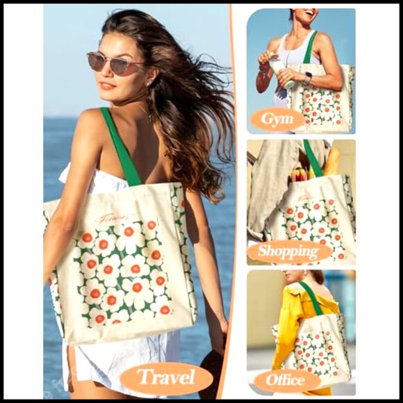 Heavy Canvas Tote Bag with Zipper Pocket Large Size Durable Chic Shopping - Picture 2 of 7